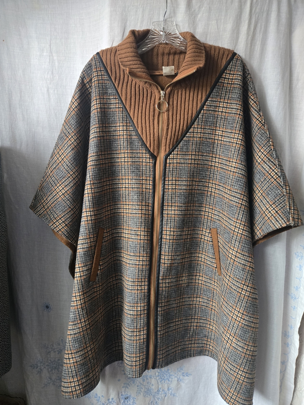 Anthropologie Akimi + Kin Plaid Cape Coat with Ribbed Collar And Pockets, OS